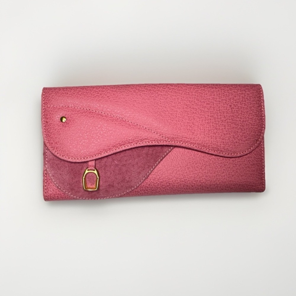 Gucci Pink Pebbled Leather Suede Horsebit Long Flap Wallet